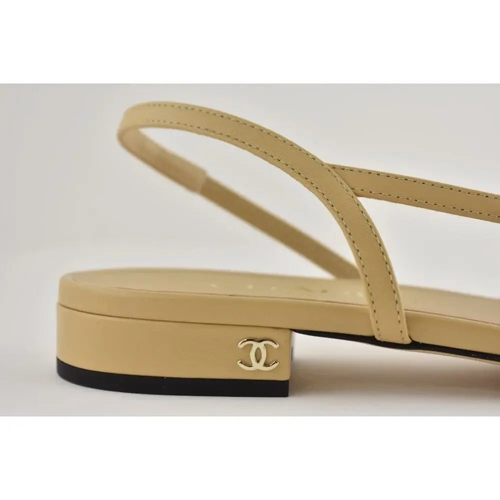 Chanel REV Beige Leather Black Cap CC Logo Coco Sling Slingback Ballet Flat 42.5